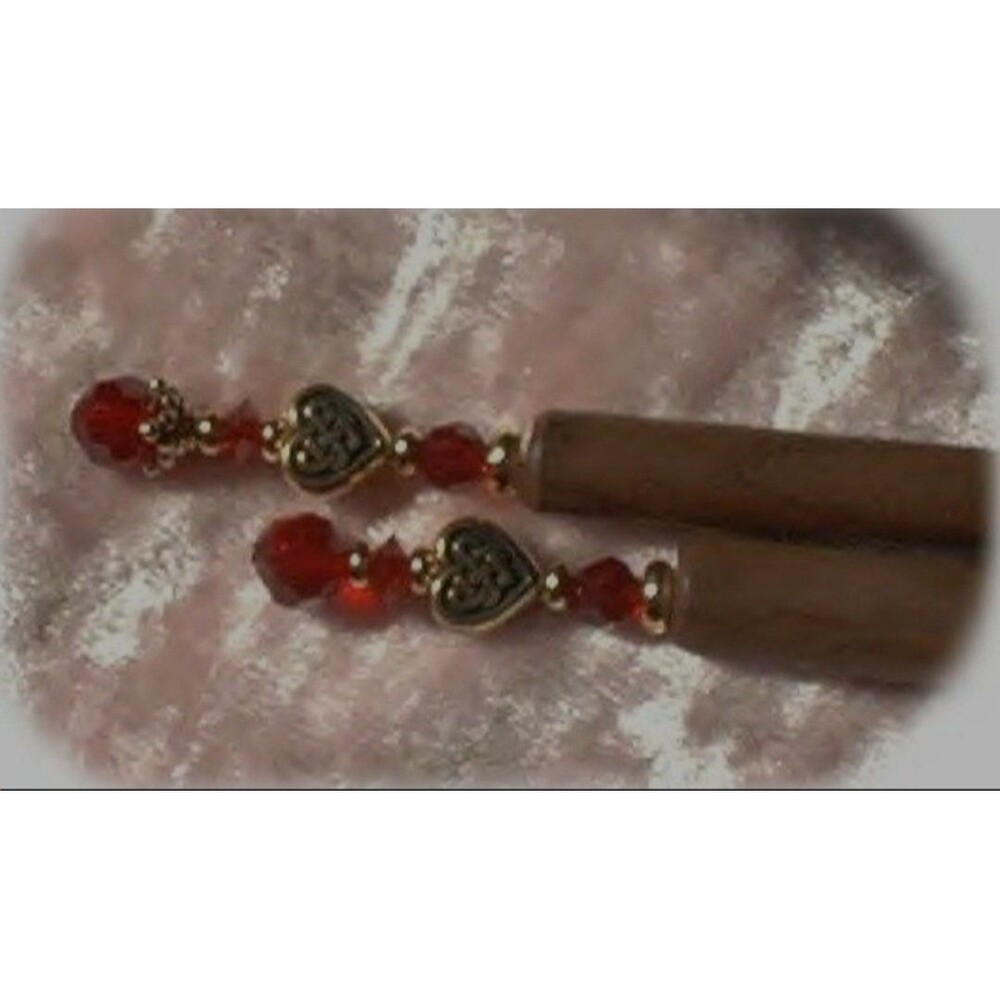 Wooden Hair Sticks with Antique Red Crystals and Celtic Beads